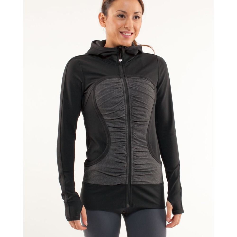 Lululemon Athletica Black Grey Ruched Hooded Jacket Full Zip Athleisure Size 6
